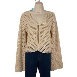 NWT Love Ellie Lanora Tan Long Sleeve Pointelle Crochet Cardigan Crop Fit